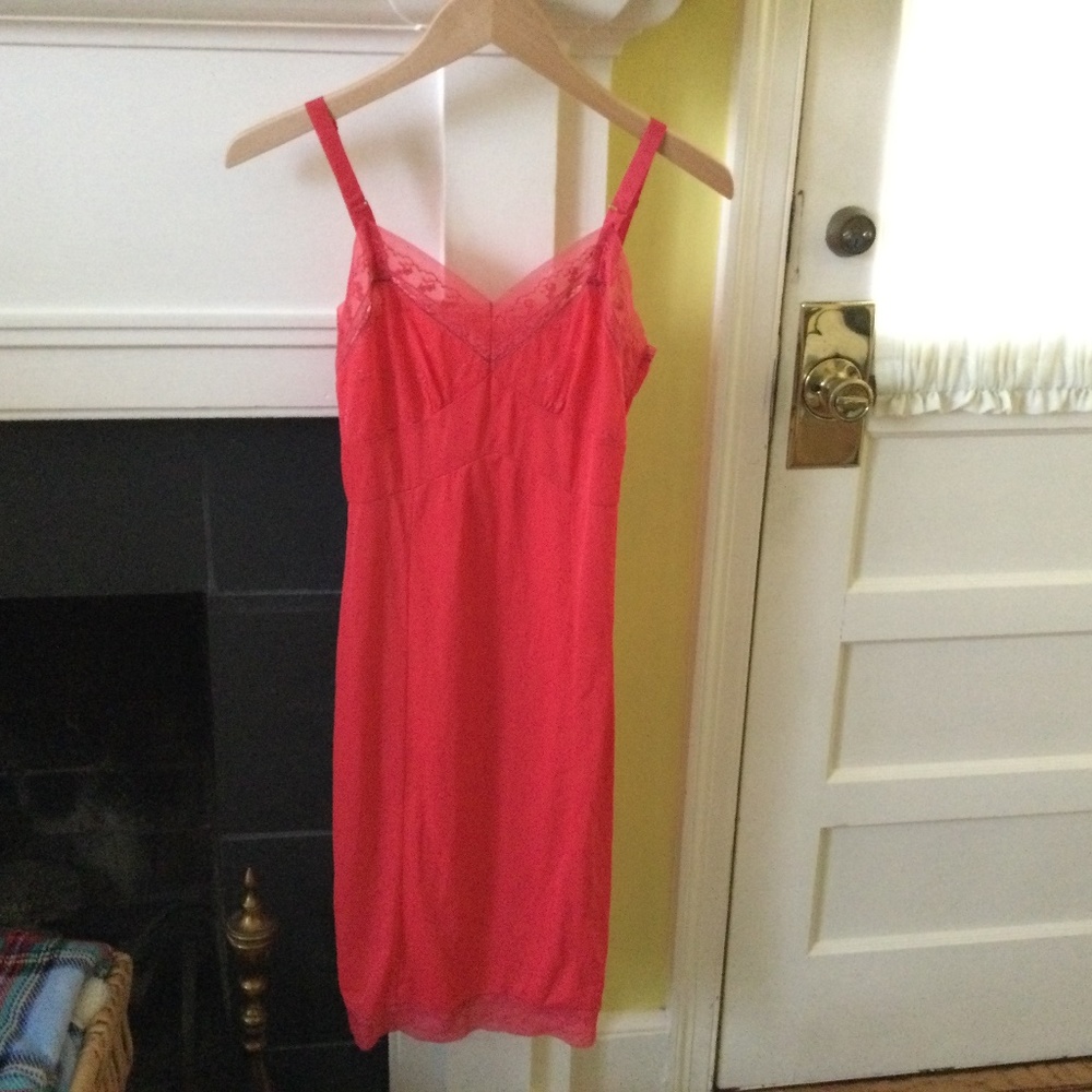 Vintage Coral Lace Chiffon Trim Embroidered Flowers Full Slip Nightgown (Small?)